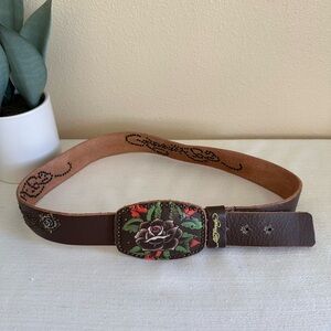 Ed Hardy Brown Genuine Leather Studd Flower Buckle Handmade Belt Women’s L (43”)